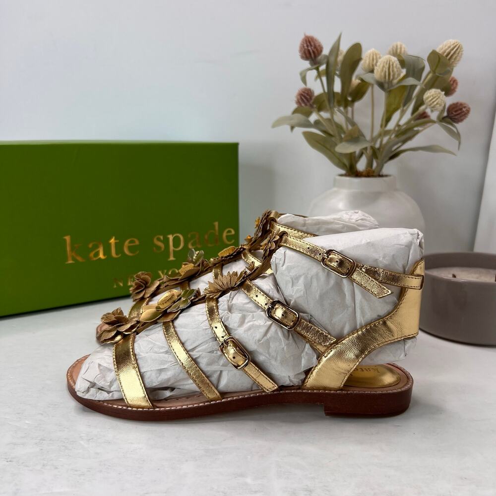 Kate Spade Sadia Leather Floral Gladiator Sandal Gold Women 6.5M Tried On